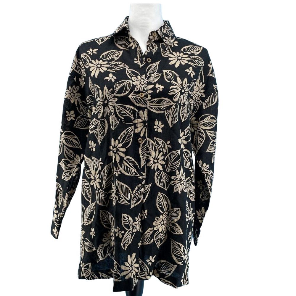 Harve Benard Floral Top Womens Small‎ Black Soft Linen Cotton Blend Artsy Boho